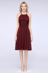 A-Line Ruffles Chiffon Halter Knee-Length Party Dress Simple Bridesmaid Dress